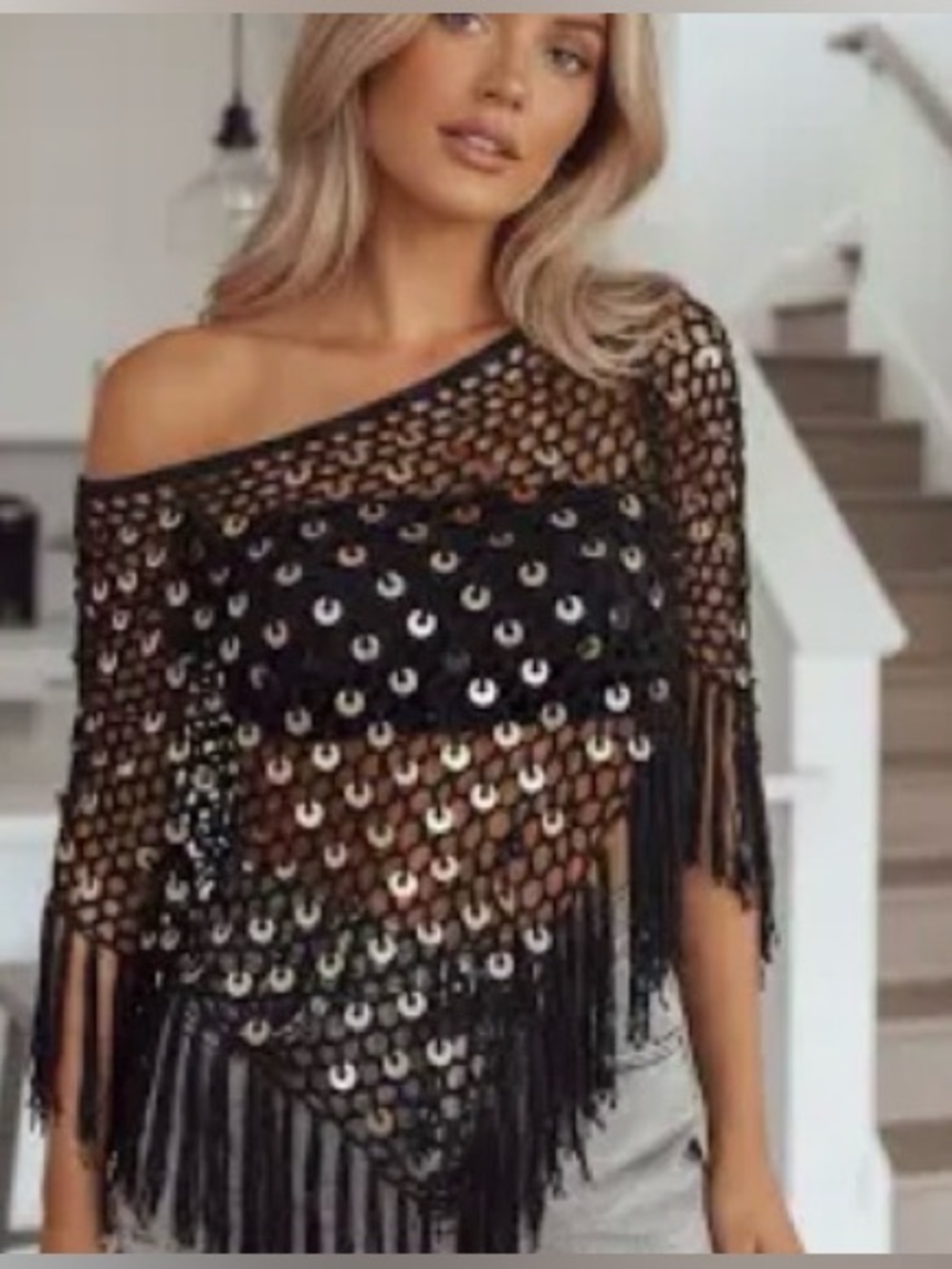 Black Sequin Crochet Fringe Poncho Top